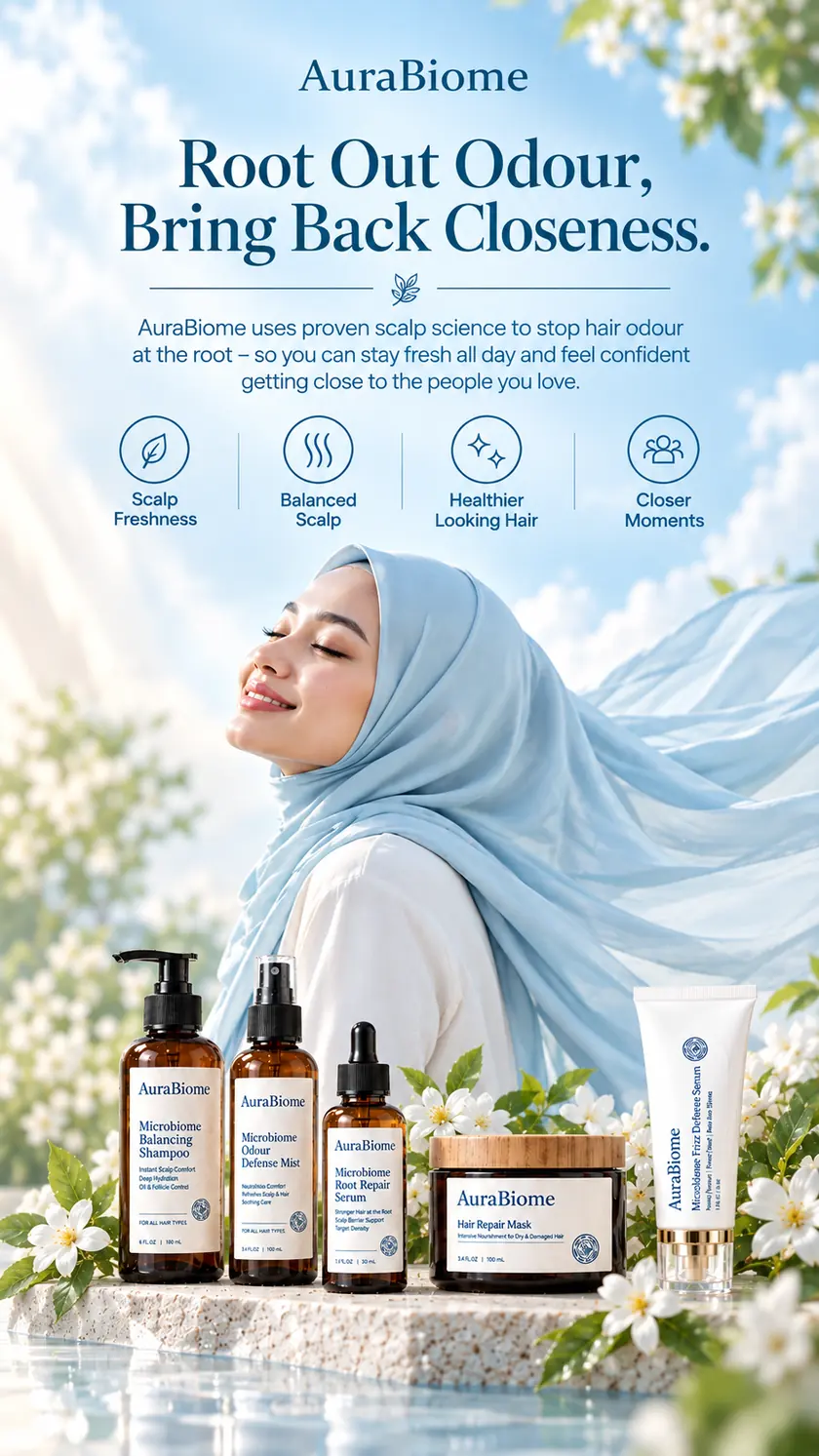 AuraBiome — Root Out Odour, Bring Back Closeness. The five-product microbiome-balancing scalp and hair anti-odour range, shown with a hijab-wearing model.